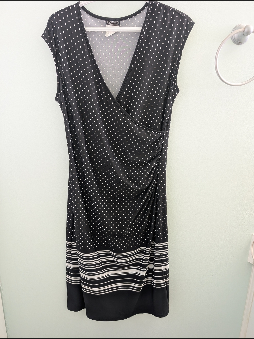 Cap Sleeve Black Polka Dot Wrap-Style Midi Dress with Striped Hem